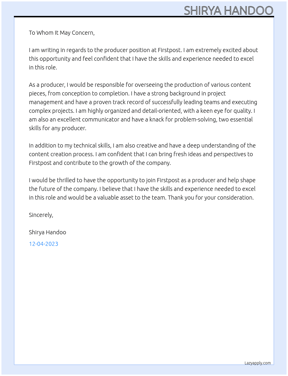 producer At Firstpost Cover Letter