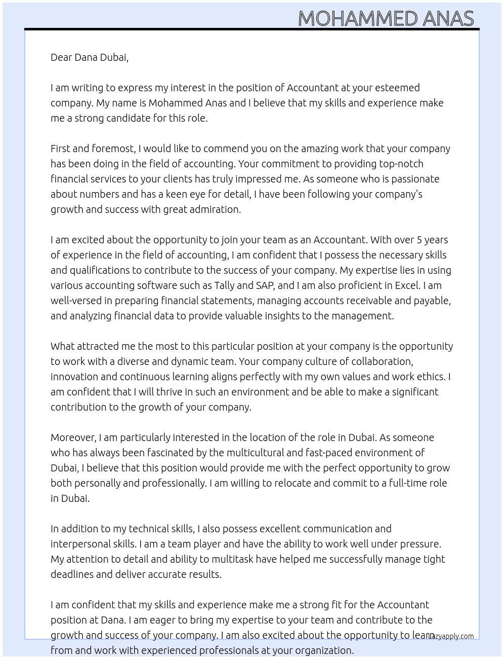 Accountant  At dana Cover Letter