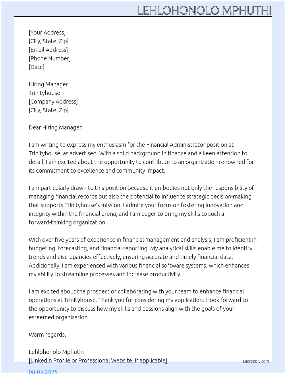 Cover letter for financial administrator - LazyApply