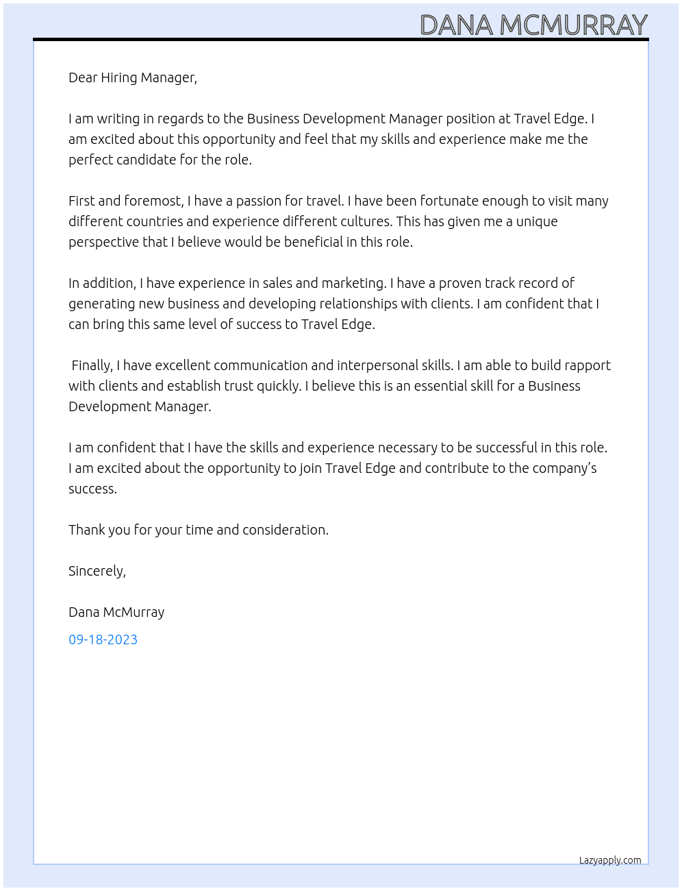 Business Development Manager At Travel Edge Cover Letter