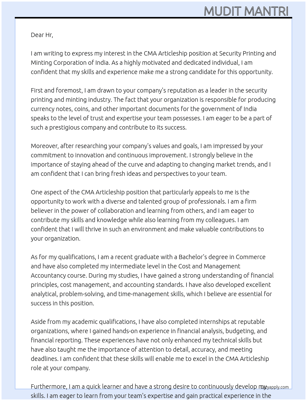 CMA Articleship  At Security Printing and Minting Corporation of India  Cover Letter