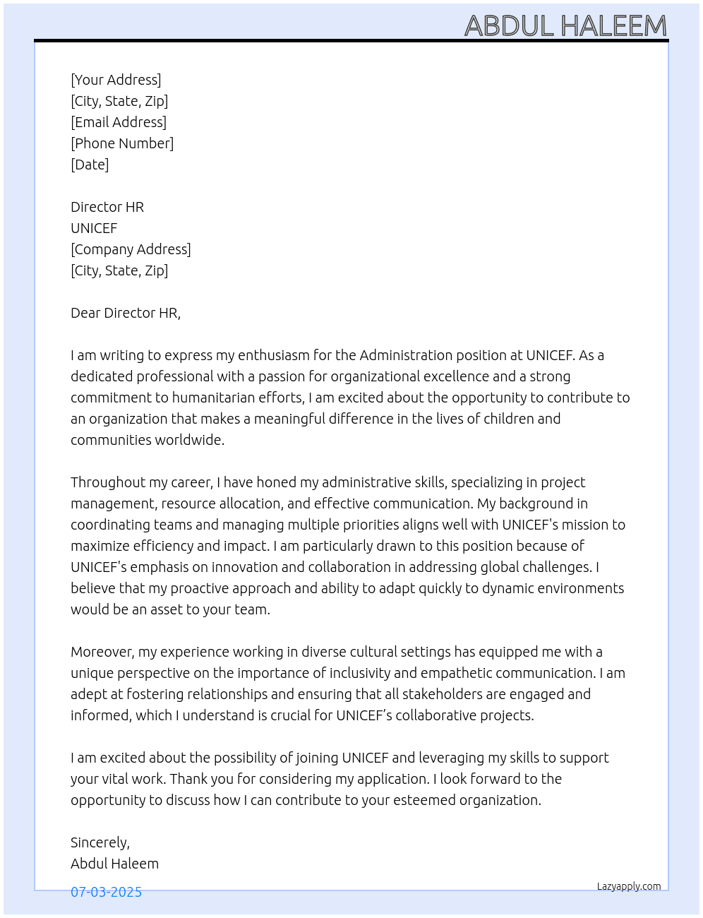 Administration At UNICEF Cover Letter