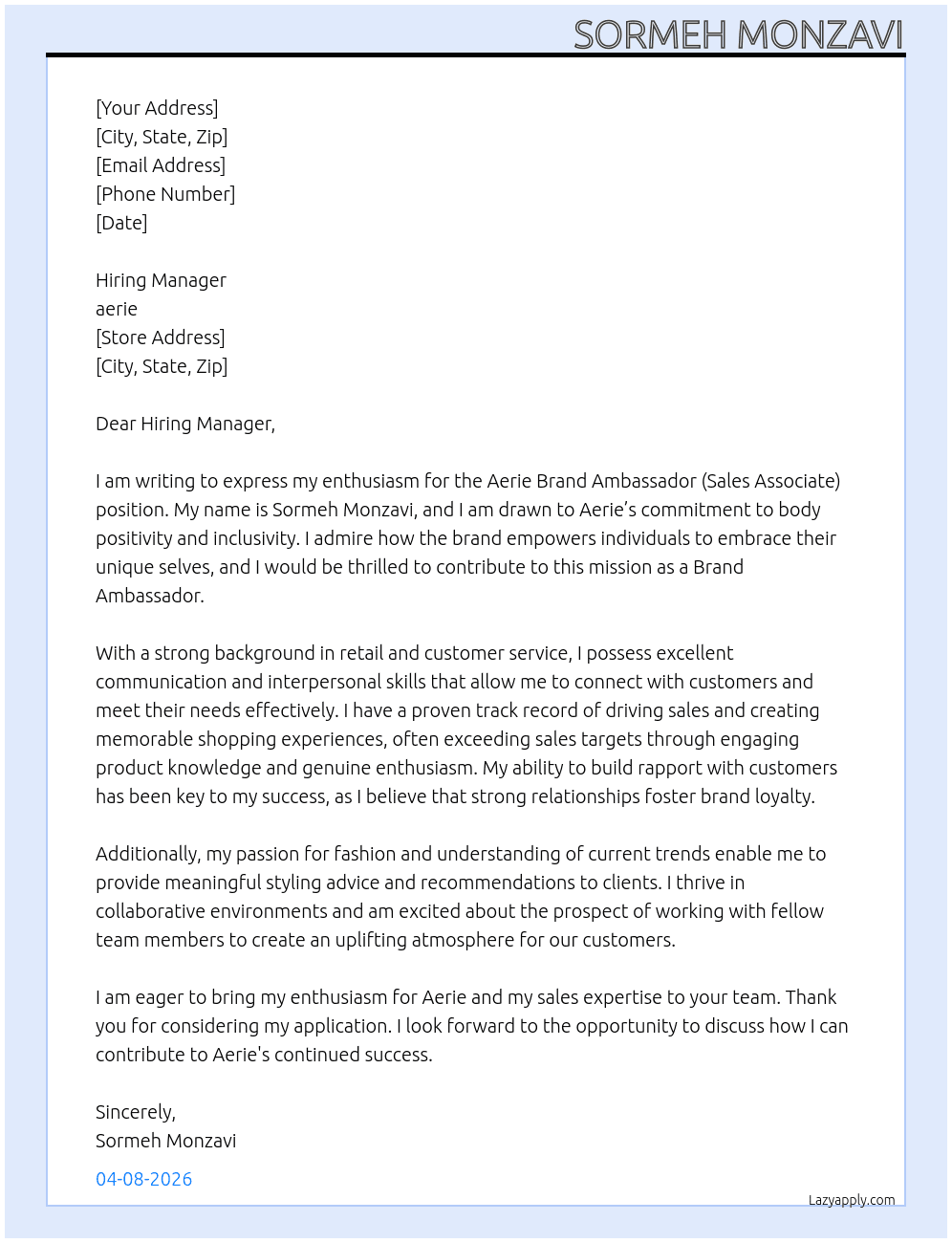 Aerie - Brand Ambassador (Sales Associate) At aerie Cover Letter