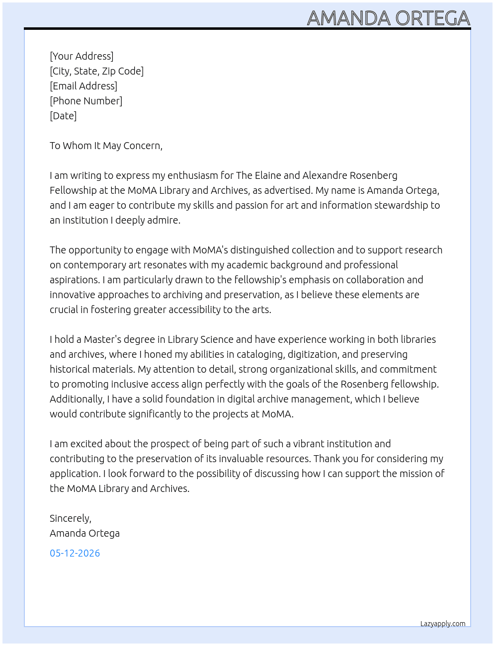  The Elaine and Alexandre Rosenberg Fellowship At Moma library and archives Cover Letter