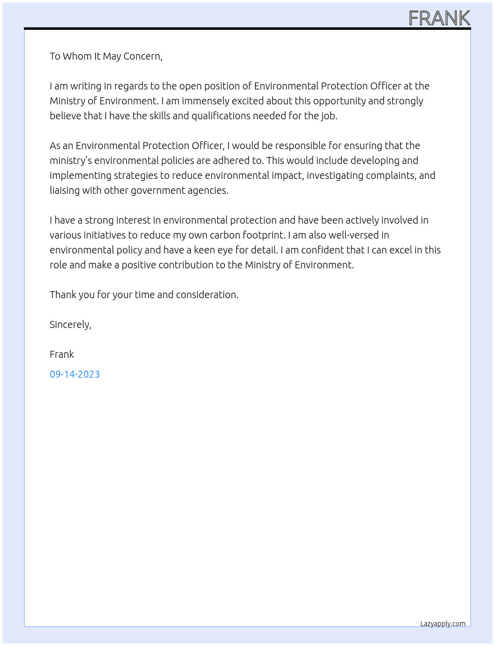 Environmental Protection Officer At Ministry of Environment Cover Letter