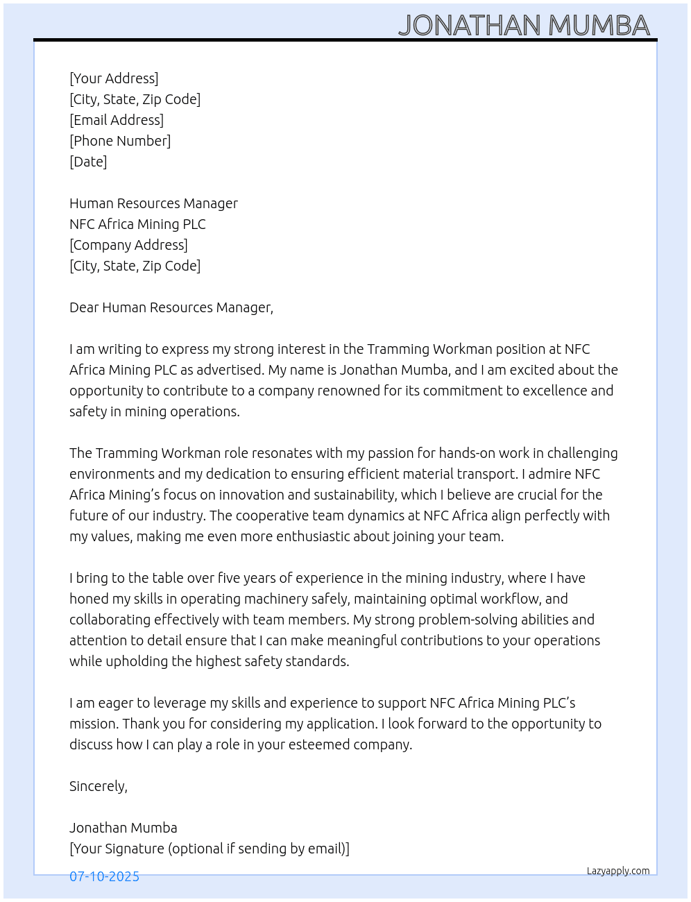 Cover letter for tramming workman - LazyApply