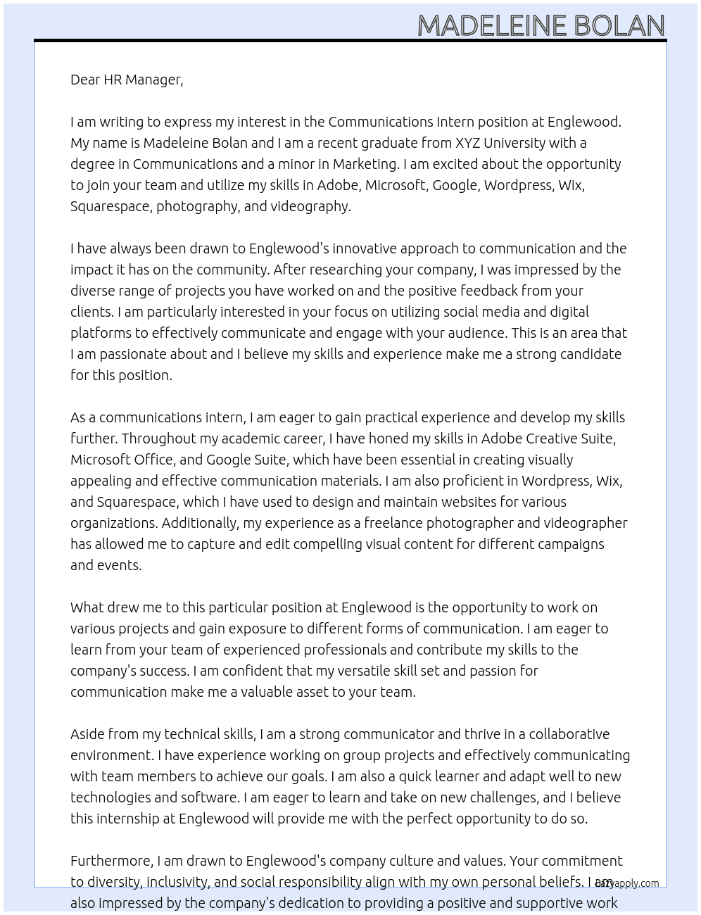 Communications intern At Englewood Cover Letter