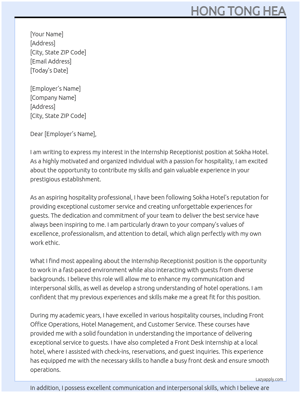 Internship receptionist  At Sokha Hotal Cover Letter