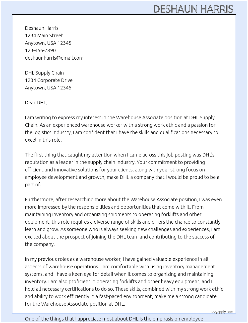 Warehouse Associate  At DHL Supply Chain  Cover Letter