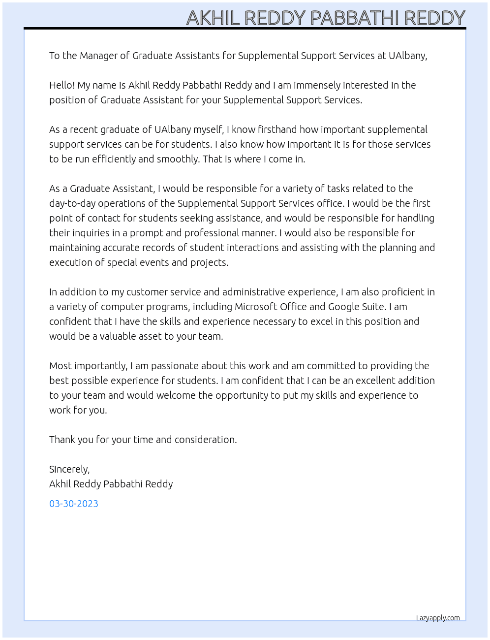 Graduate Assistant, Supplemental Support Services At UAlbany Cover Letter