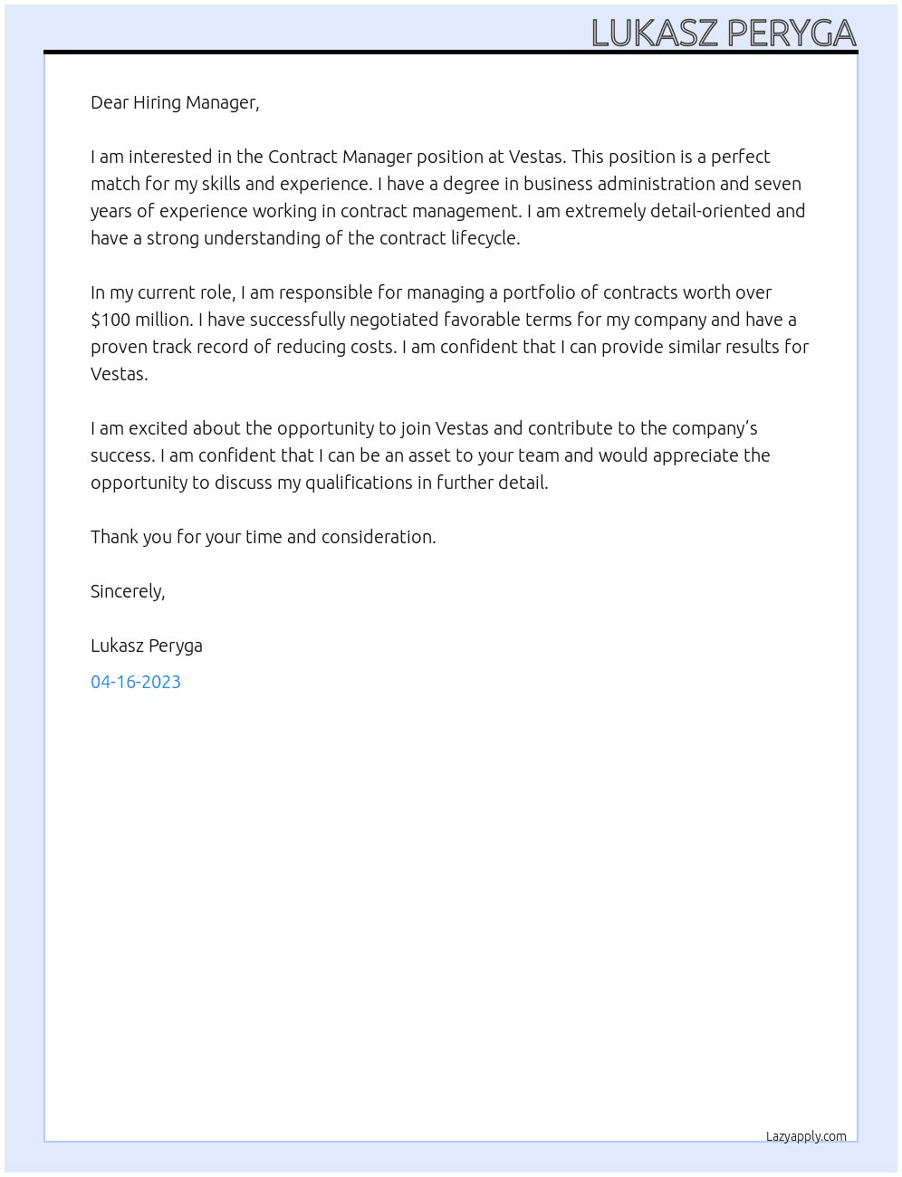 Contract Manager At Vestas Cover Letter