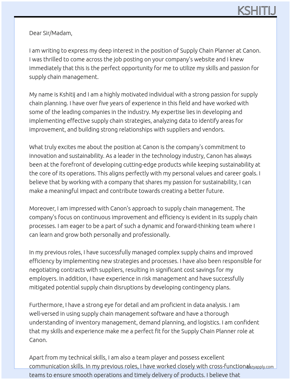Supply Chain Planner At Canon Cover Letter