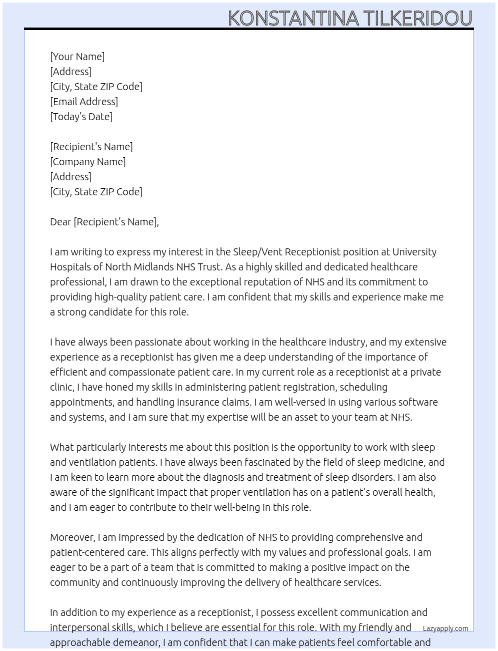 Cover letter for sleep/vent receptionist - LazyApply