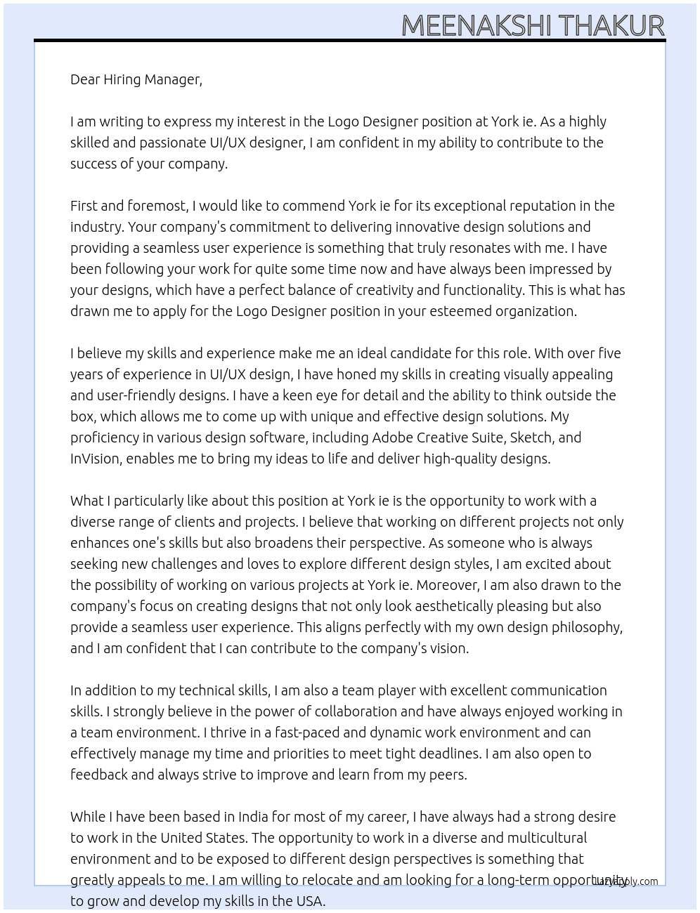 Logo designer At York ie Cover Letter