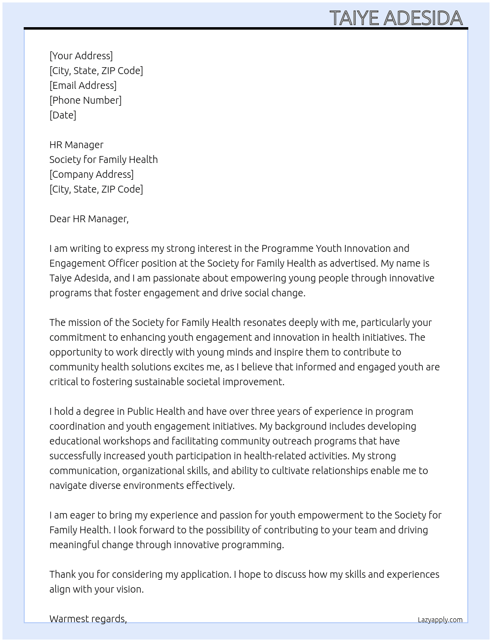 Programme youth innovation and engagement officer  At Society for family health  Cover Letter
