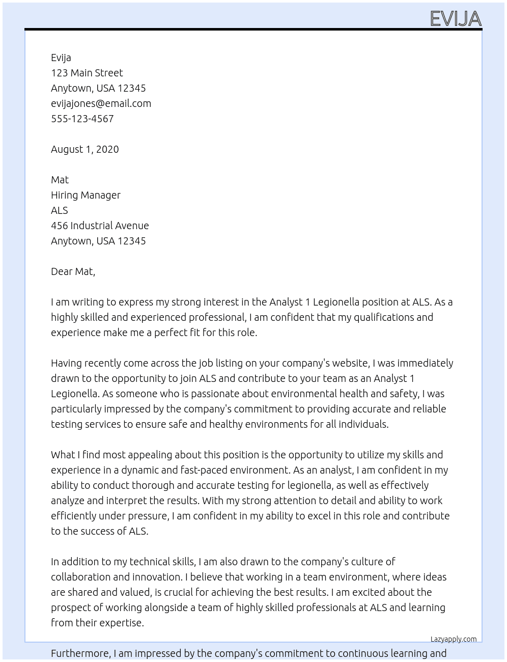 analyst 1 legionella At ALS Cover Letter