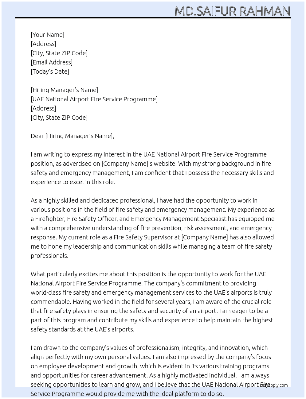 UAE National Airport Fire service programme  At UAE National Airport Fire service programme  Cover Letter