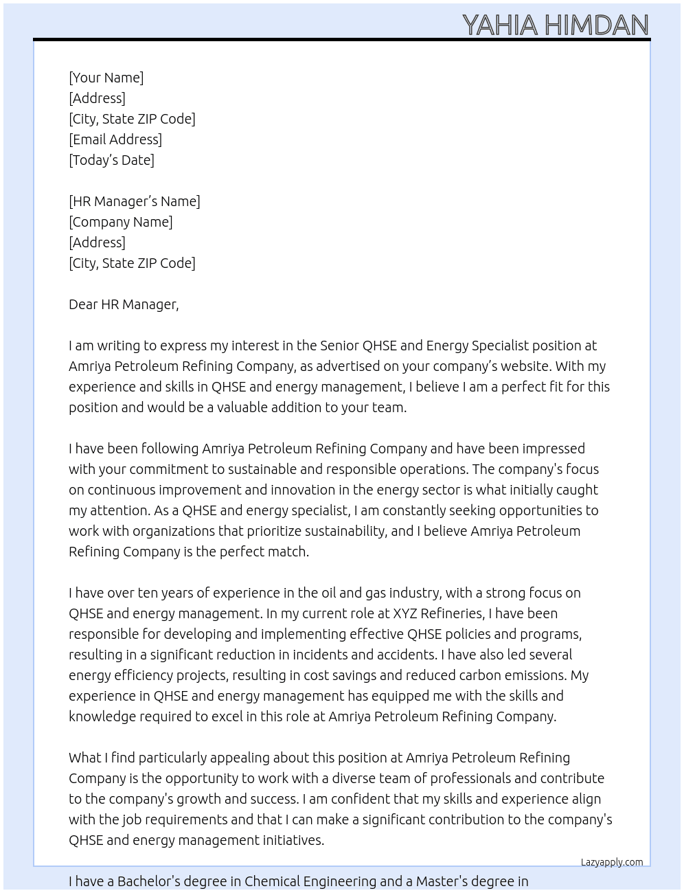 Senior QHSE and Energy Specialist At Amriya Petroleum Refining Company Cover Letter