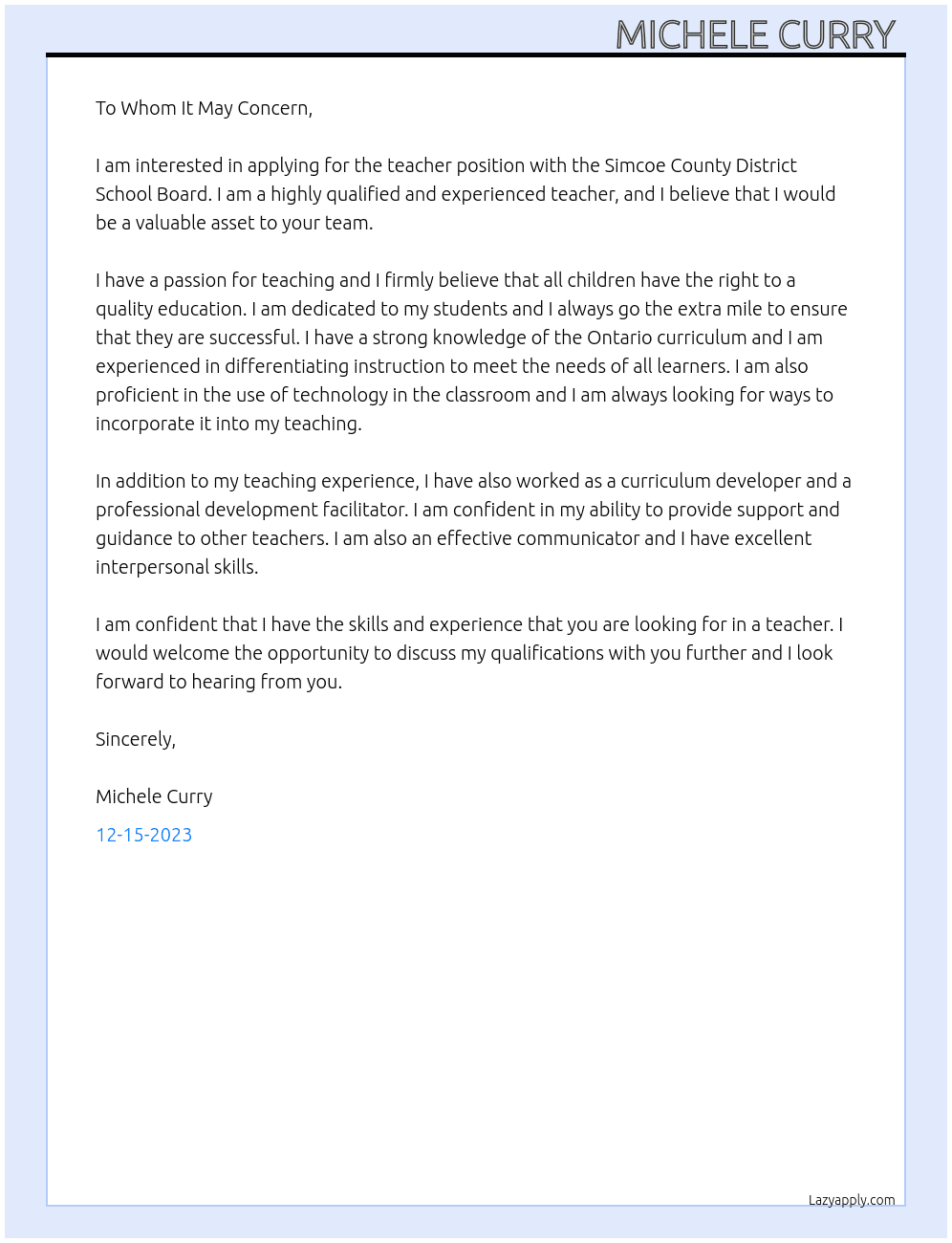 teacher At Simcoe County District School Boared  Cover Letter