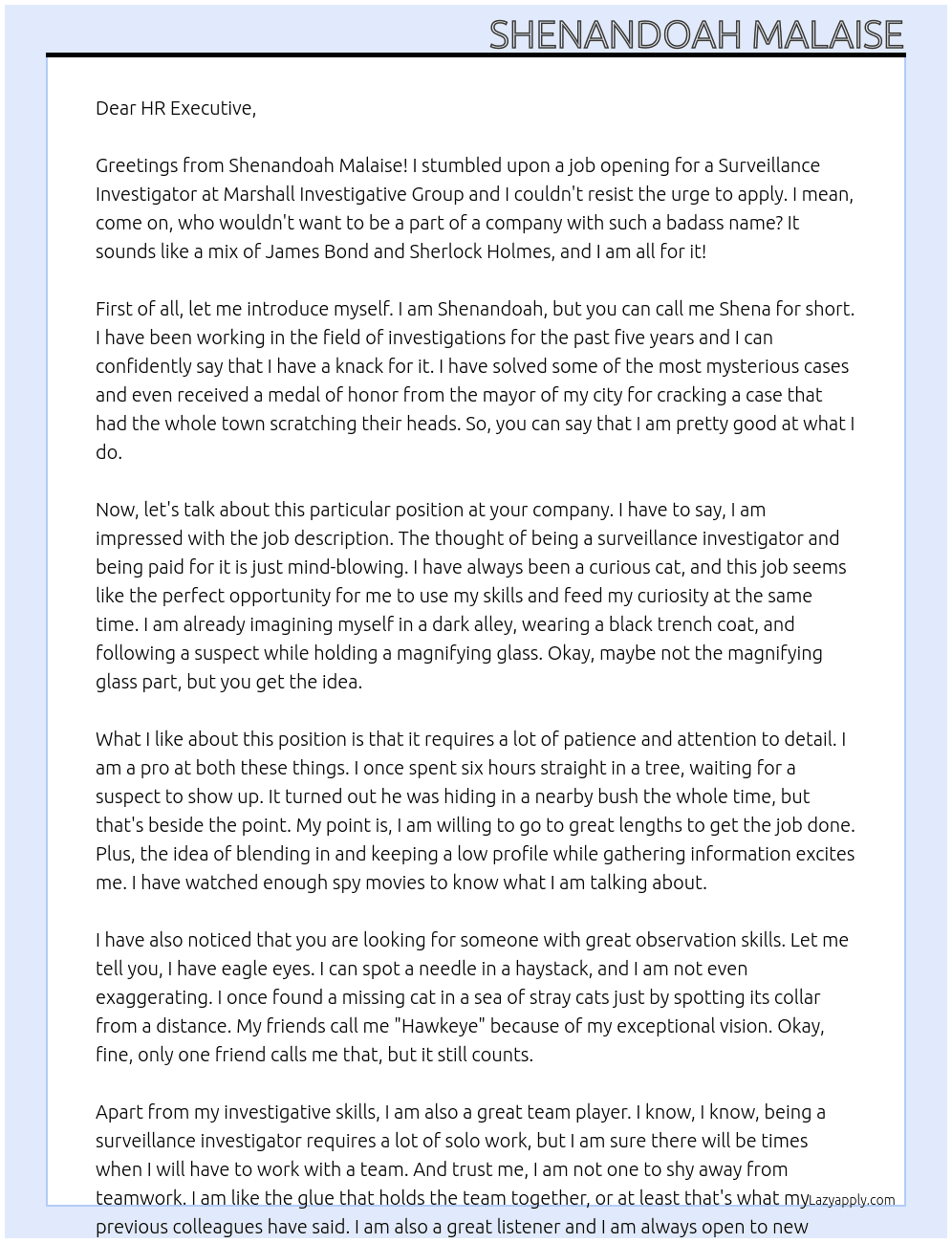 Surveillance Investigator At Marshall Investigative Group Cover Letter