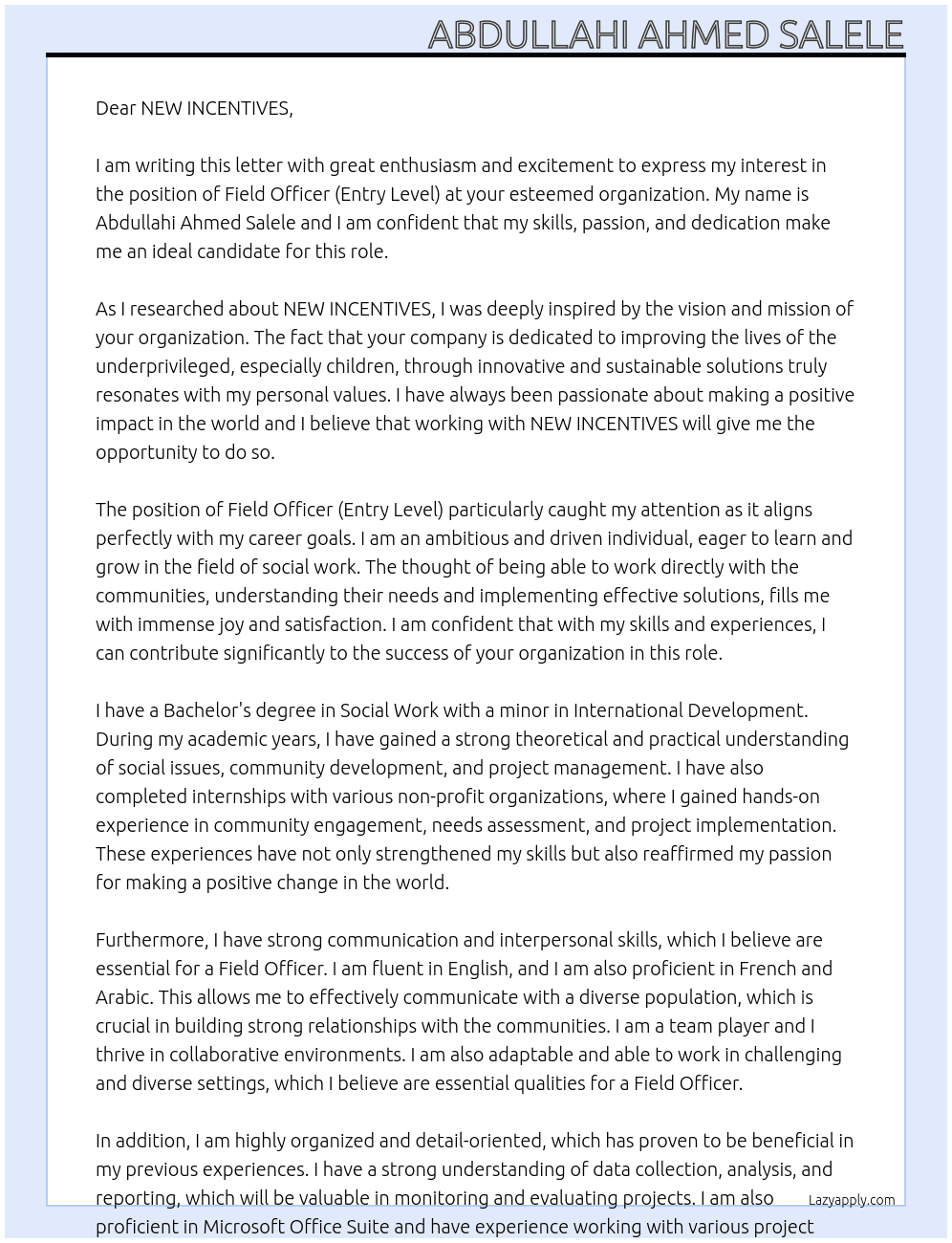 FIELD OFFICER(ENTRY LEVEL) At NEW INCENTIVES Cover Letter