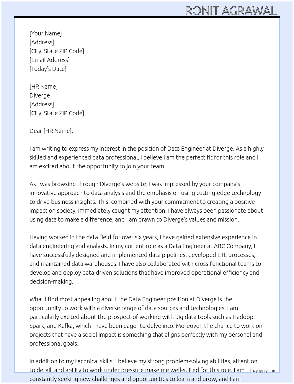 Data Engineer  At Diverge Cover Letter