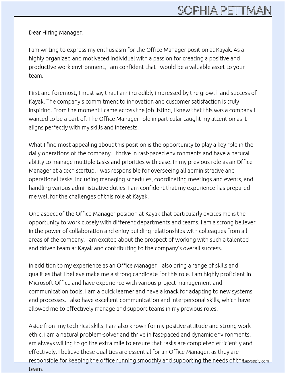 Office manager At Kayak Cover Letter