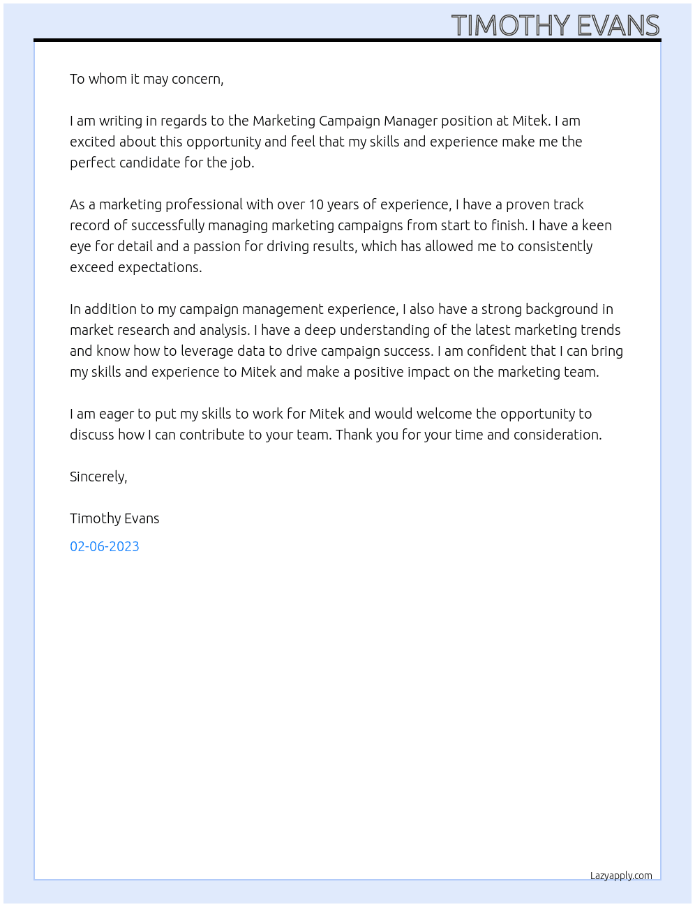 Marketing Campaign Manager At Mitek Cover Letter