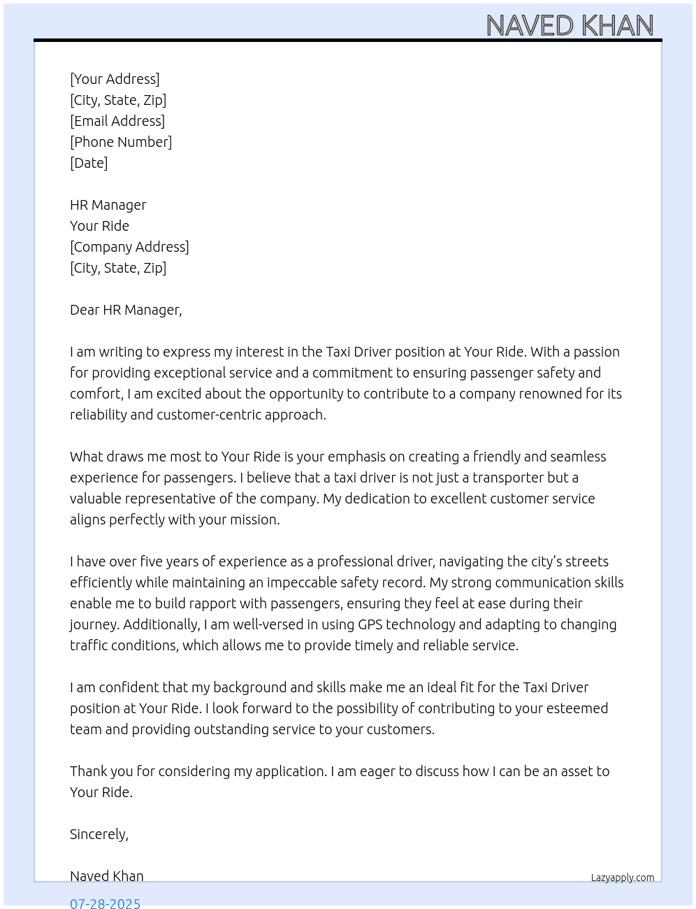 Taxi Driver  At Your Ride Cover Letter