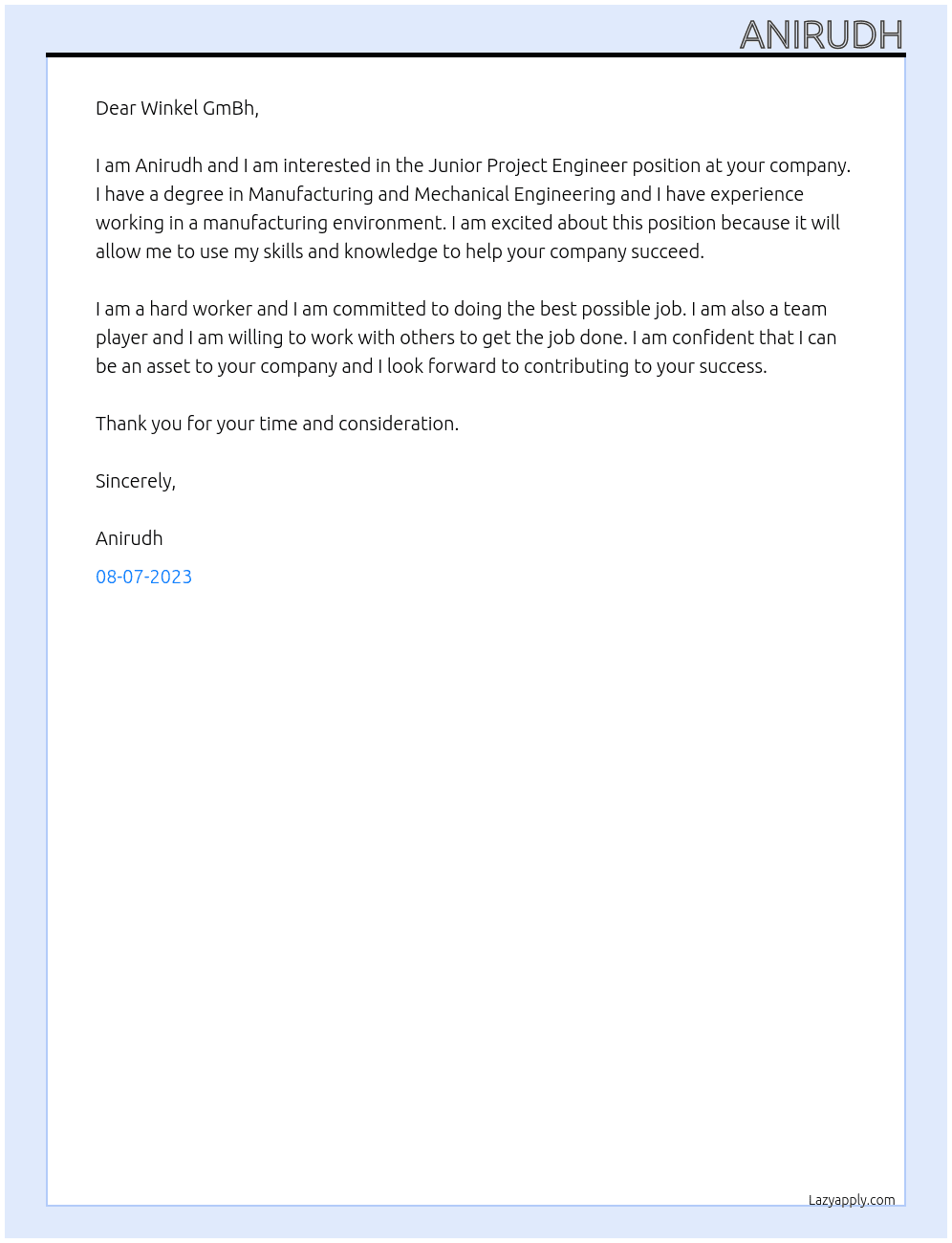 Junior Project Engineer At Winkel GmBh Cover Letter