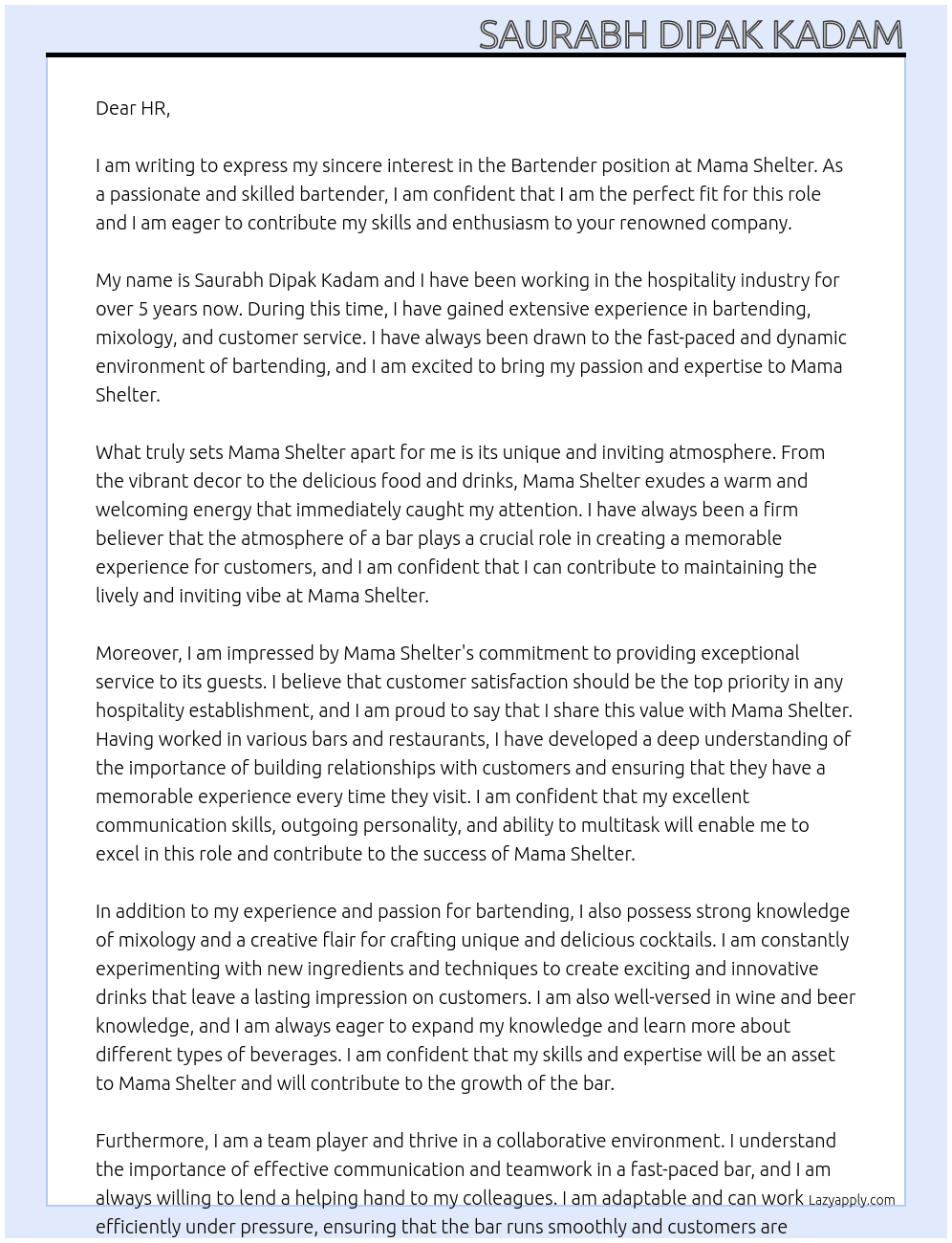 Bartender  At Mama shelter  Cover Letter
