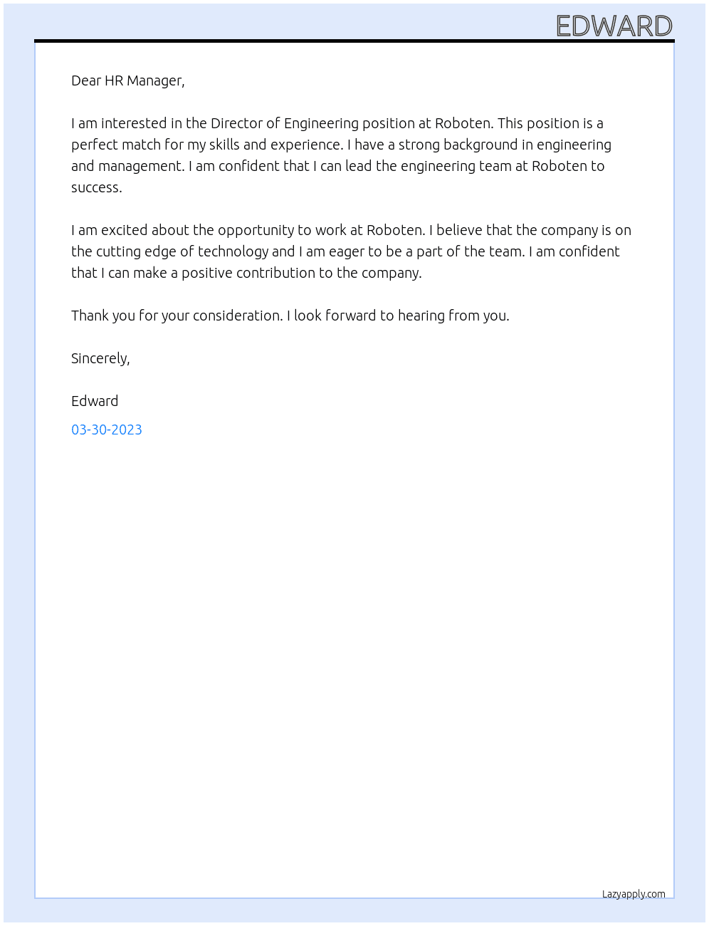 Director of Engineering At roboten Cover Letter
