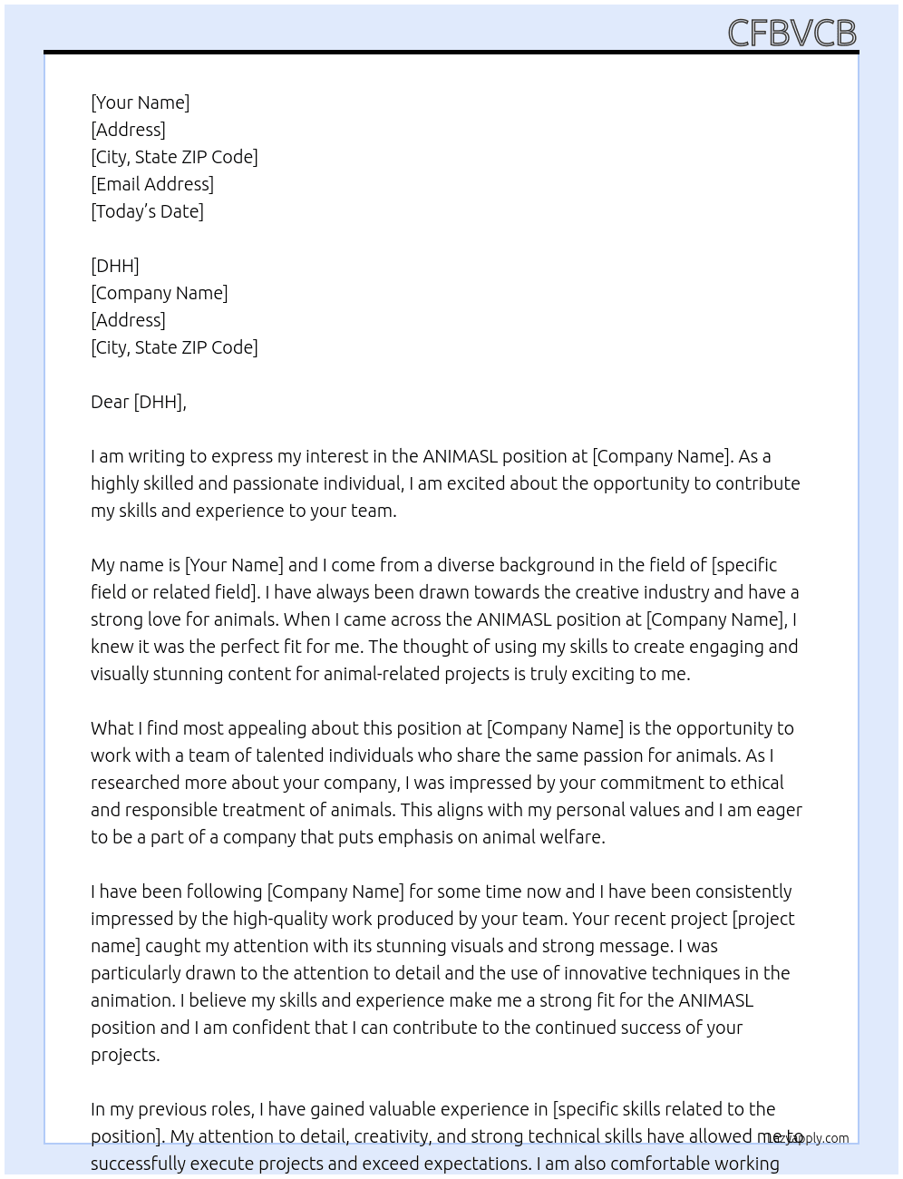 ANIMASL At CVB Cover Letter