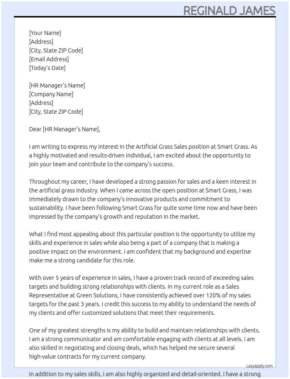 Artificial grass sales  At Smart Grass Cover Letter