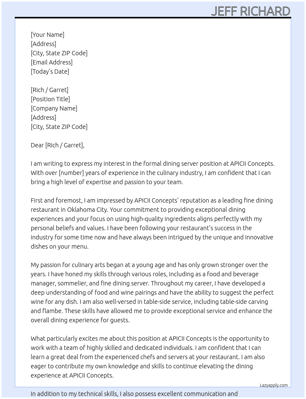 formal dining server At APICII Concepts Cover Letter