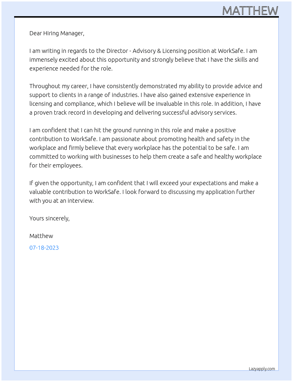 Director - Advisory & Licensing At WorkSafe Cover Letter