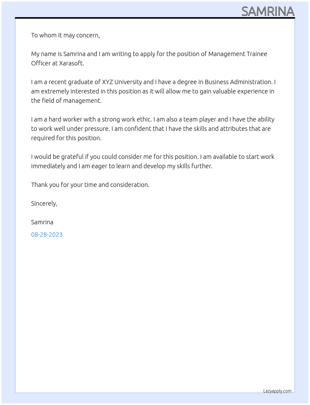 Management trainee officer At Xarasoft Cover Letter