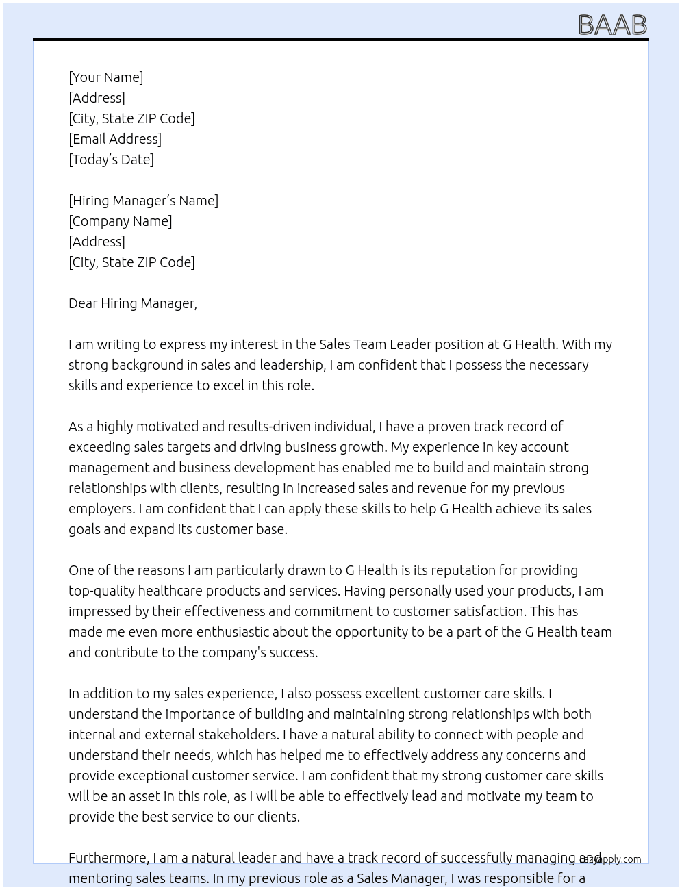 Sales team leader At G health  Cover Letter