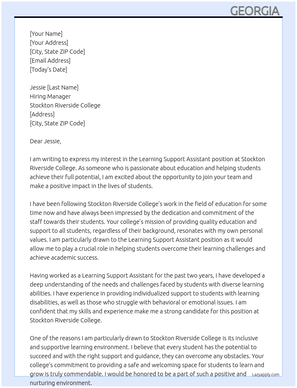 Learning support assistant  At Stockton riverside college  Cover Letter