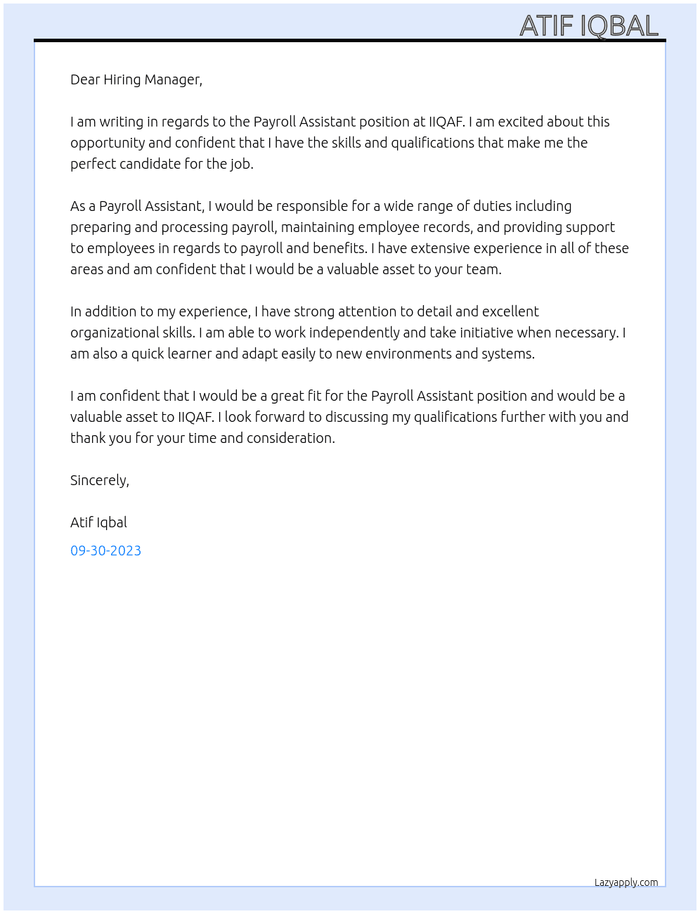 Payroll Assistant  At IIQAF Cover Letter