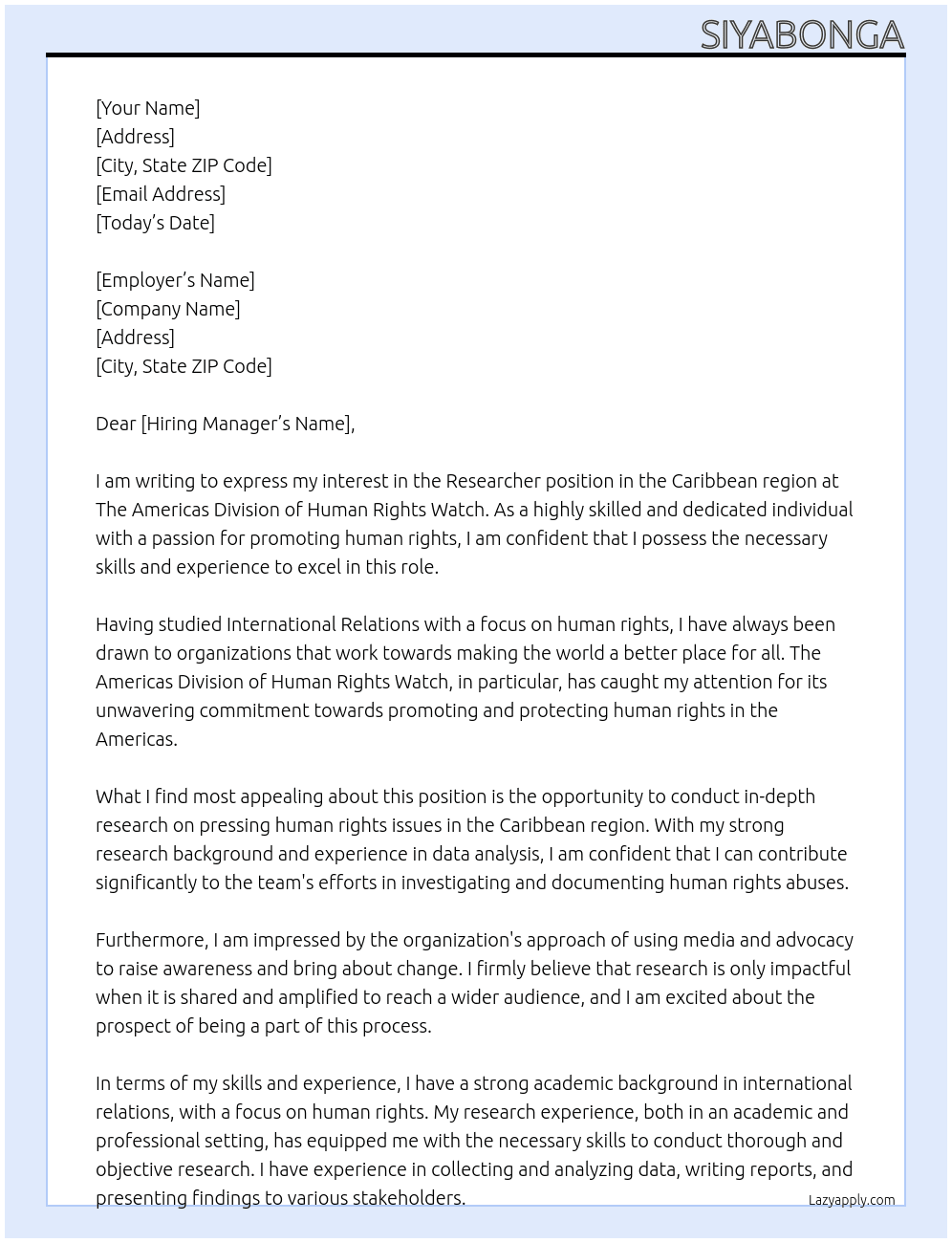 Researcher, Caribbean At The Americas Division of Human Rights Watch  Cover Letter