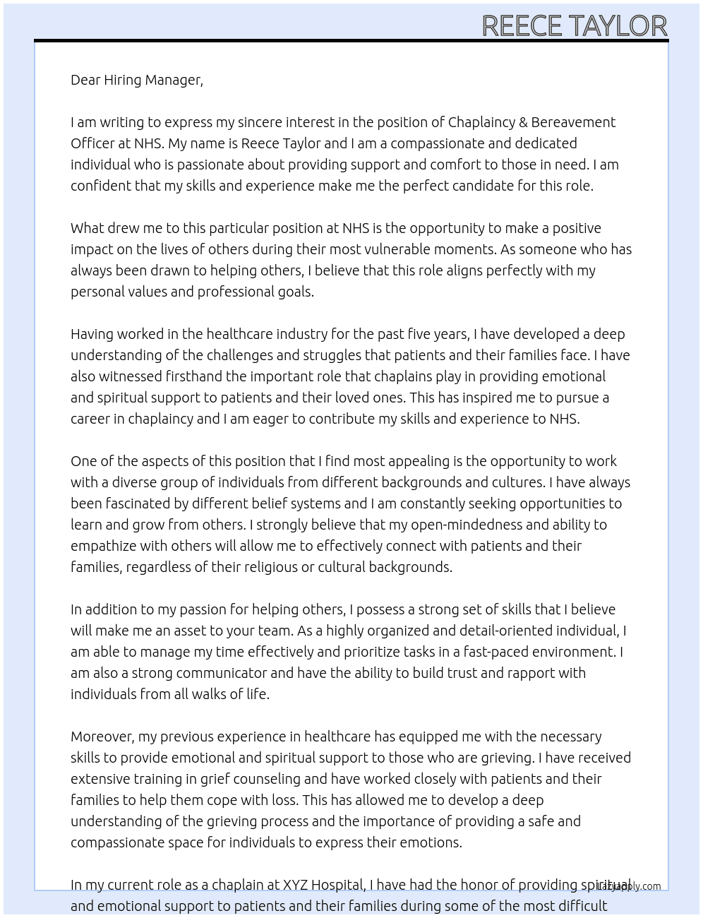 Cover letter for chaplaincy & bereavement officer - LazyApply