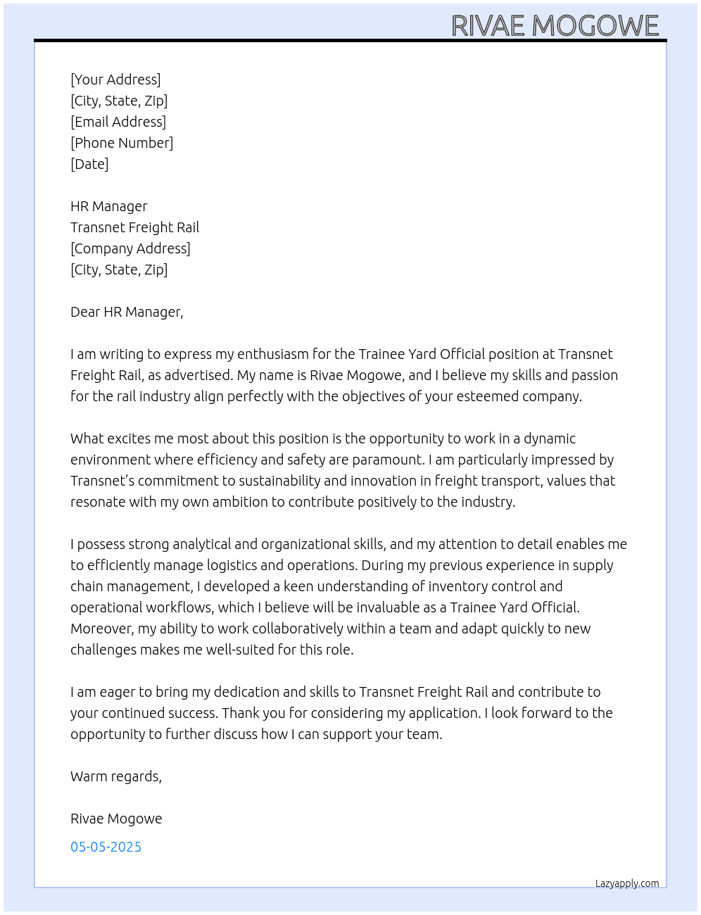 Trainee yard official  At Transnet Freight rail Cover Letter