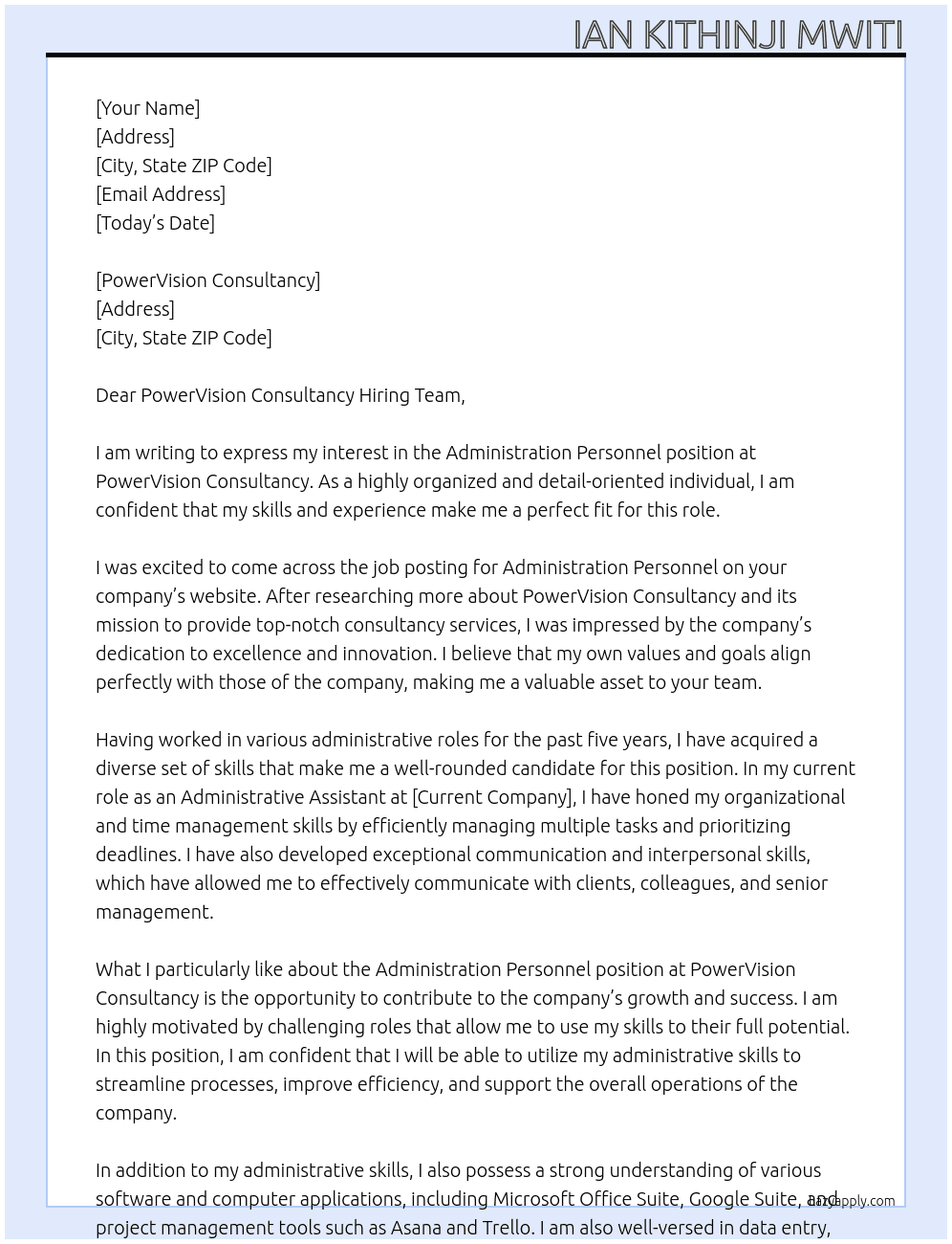 Cover letter for administration personnel - LazyApply