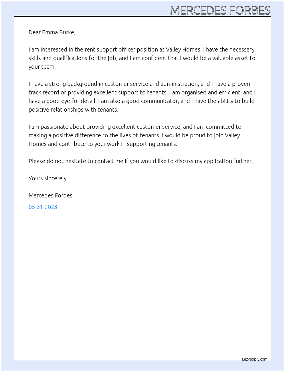 rent support officer At Valley homes  Cover Letter