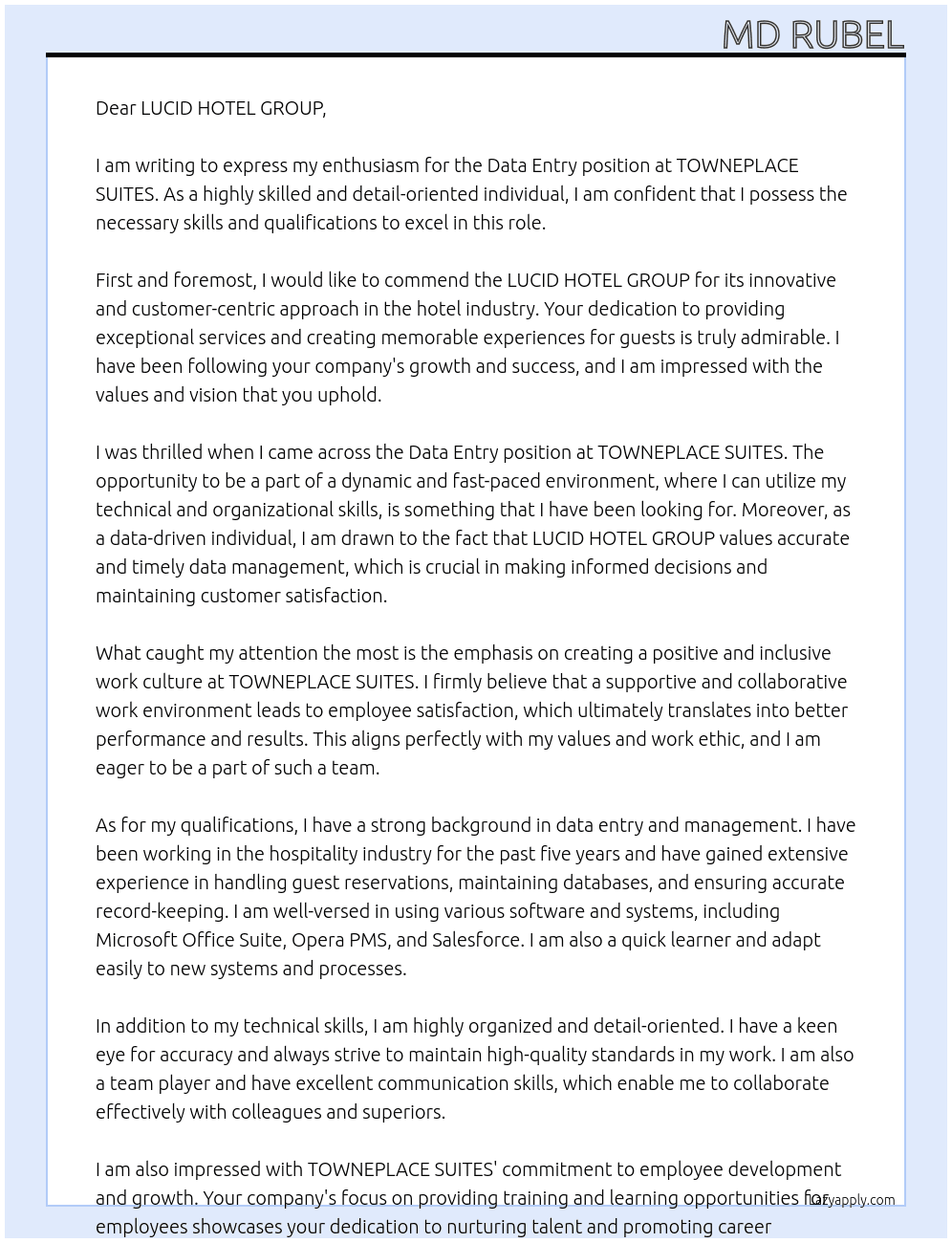 data entry At TOWNEPLACE SUITES Cover Letter