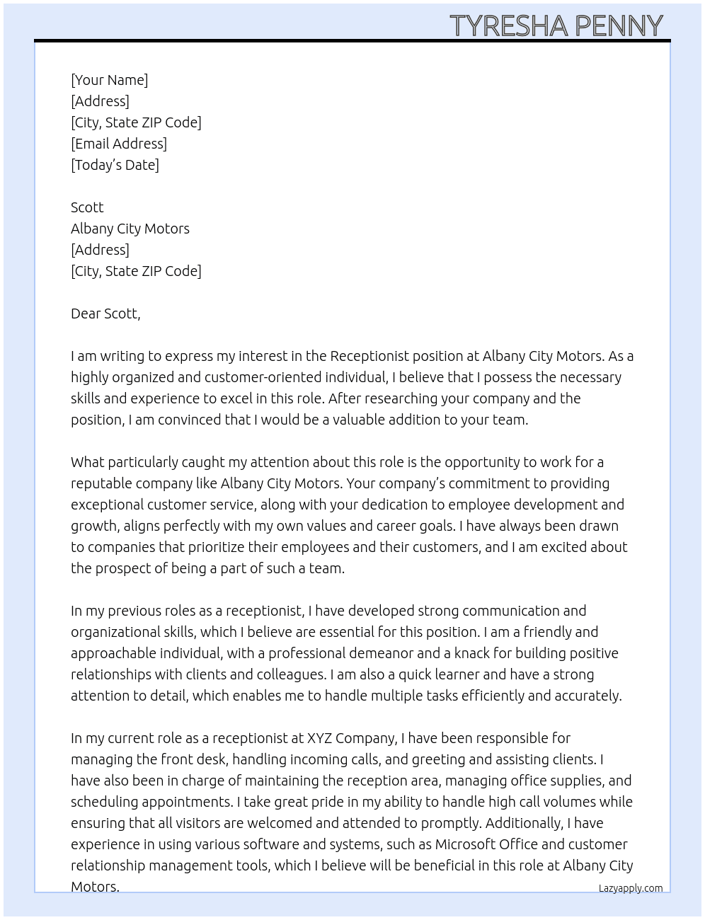 Receptionist  At Albany City Motors  Cover Letter