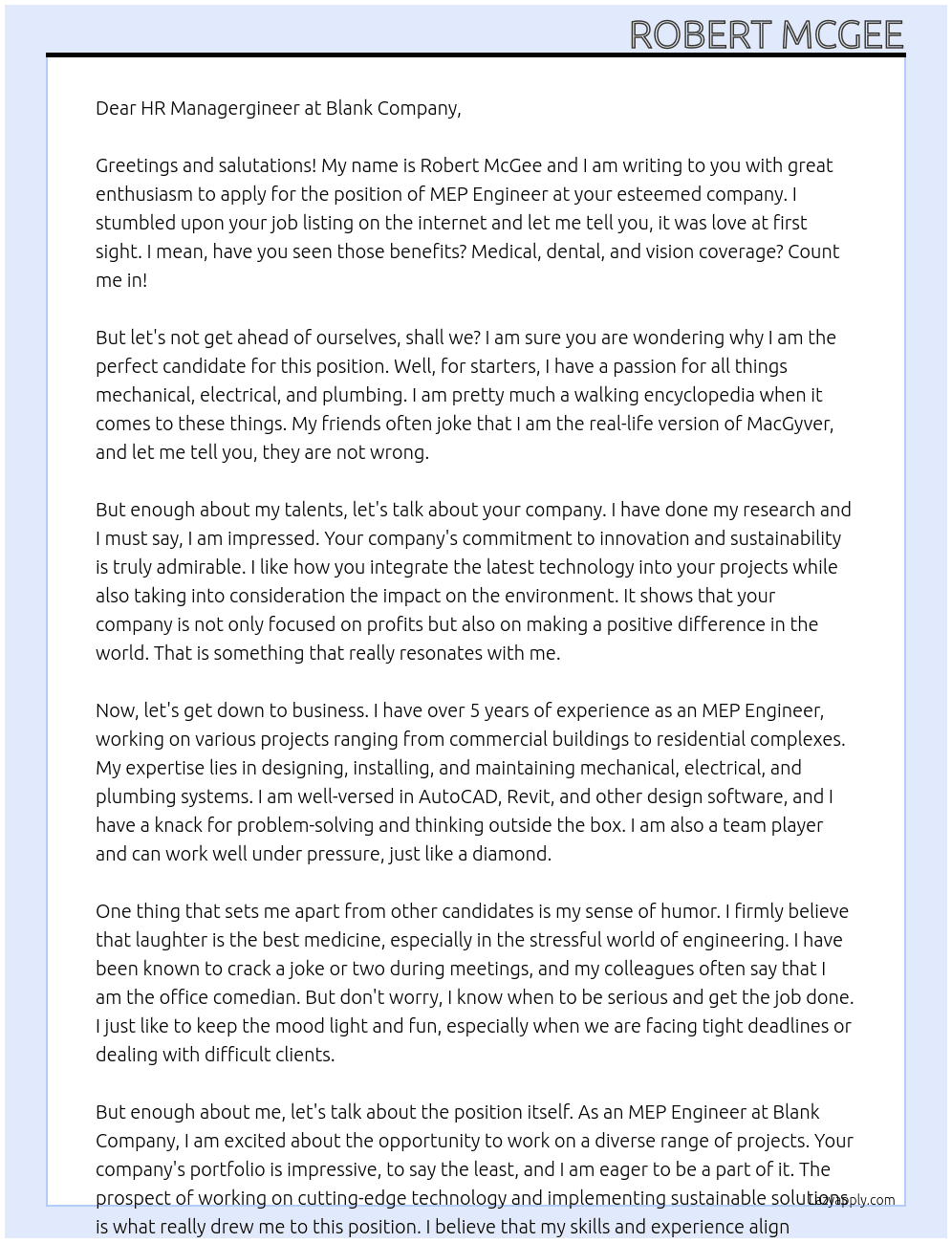 MEP Engineer At Blank Company Cover Letter
