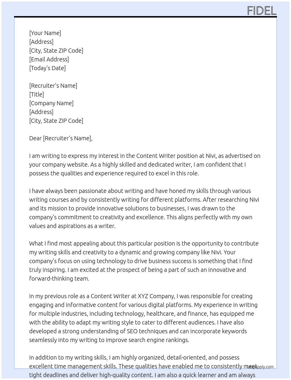 Content writer At Nivi Cover Letter