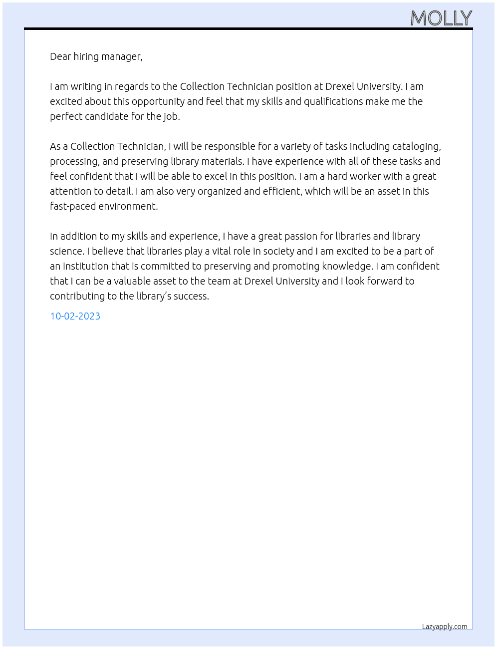 Collection Technician At Drexel University Cover Letter